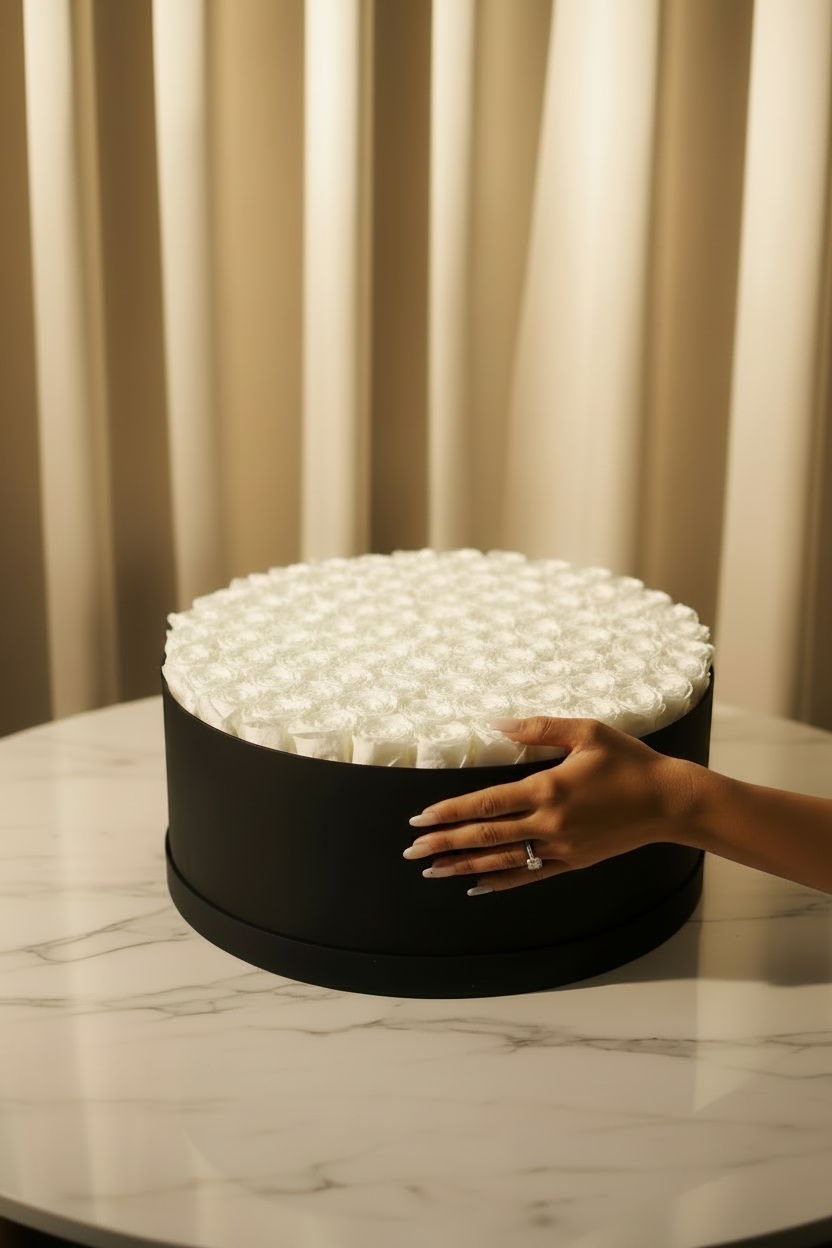 99 White Roses Black Velvet Box
